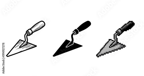 Three trowel illustrations: hand-drawn, silhouette, pixel art