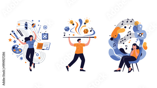 People expressing themselves through creative arts including painting and music performance to showcase talent and imaginative thinking processes.