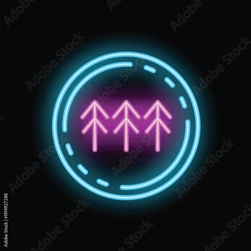 Glowing neon sign representing three fir trees inside a double circle, perfect for representing forests and their exploitation