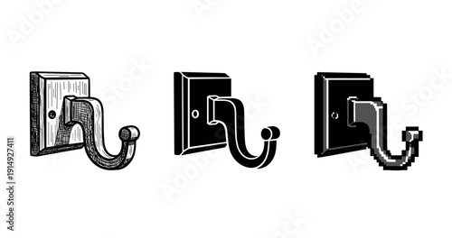 Evolution of hook designs: sketch, vector, pixel style contrast
