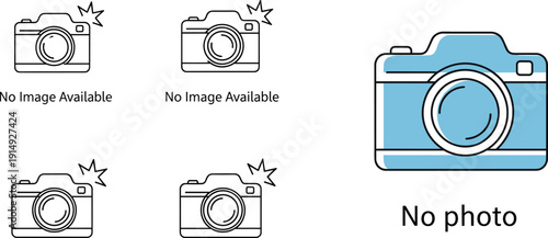 Set of camera icons representing “no image available” and “no photo” placeholders in modern line and flat vector style.