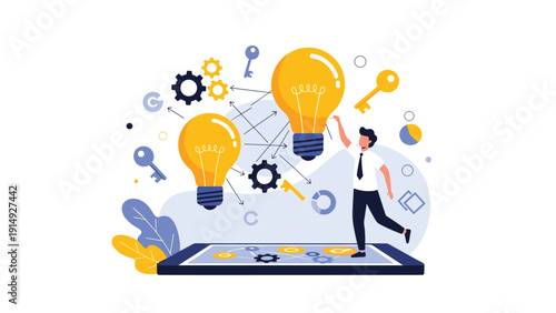 Innovative thinker using a digital tablet to interact with glowing light bulb ideas representing creativity and smart technology solutions.
