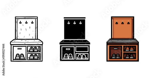 Wooden hallway shoe storage with hooks in three stylish designs