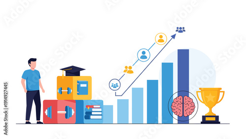 Man standing next to symbols of education personal growth and physical fitness to represent a balanced path toward achieving life success.