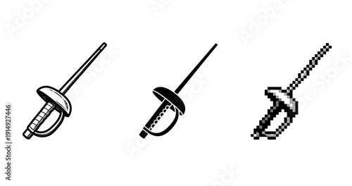 Set of three fencing swords: detailed illustration and pixel art designs