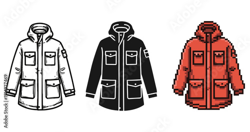 Monochrome and pixel art parka jackets: black, white, and red designs