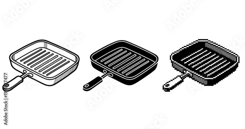 Three versions of a griddle pan: outline, filled, and pixel art styles