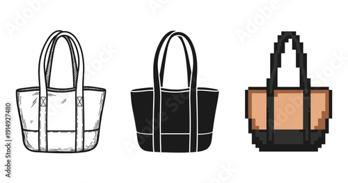 Three tote bag designs: sketch, silhouette, and pixel art styles
