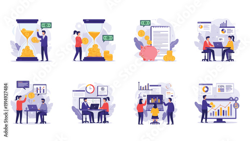 Business management concepts shown through various icons including an hourglass with money a piggy bank and professional meeting scenarios.