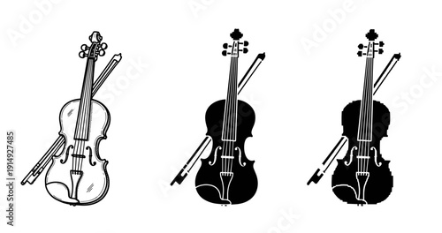Black and white violin illustrations with bows in various styles