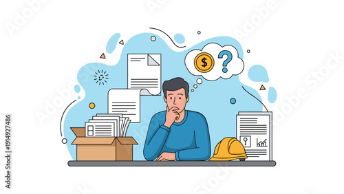 Man feeling overwhelmed by a massive pile of paperwork and administrative tasks while thinking about money and project costs in an office.