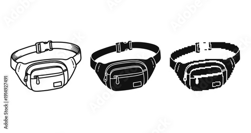 Monochrome graphic styles of three belt bags: outline, solid, pixel art