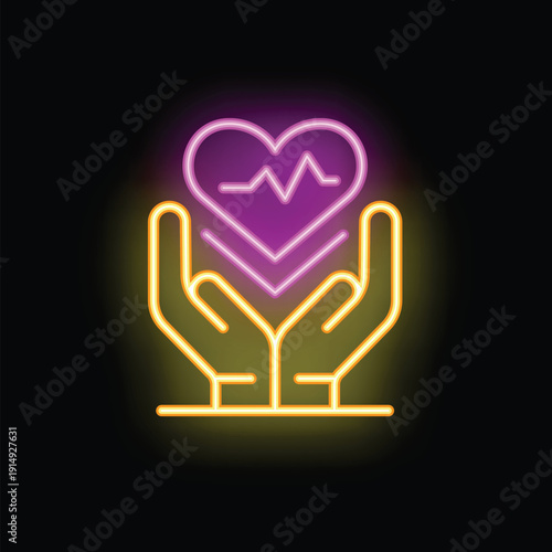 Neon sign of two hands holding a heart with a heartbeat line on a black background