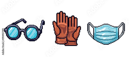 Pixel art of glasses gloves and face mask icons on white background. Not editable stroke