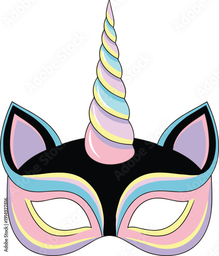 Flat vector illustration of unicorn masquerade mask, pastel fantasy costume accessory, colorful party design, whimsical celebration, magical decorative art