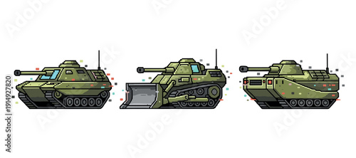 Pixel art tanks - front, side, rear view in military green. Not editable stroke