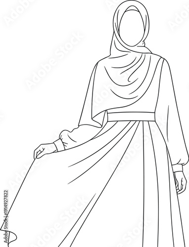Flat vector illustration of woman silhouette in long dress with headscarf, cultural fashion design, elegant clothing sketch, traditional style art