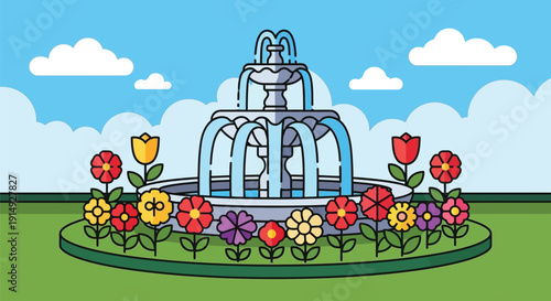 Vibrant springtime garden scene featuring a classic tiered water fountain surrounded by colorful blooming flowers under a bright blue sky
