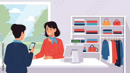 Modern retail shopping experience showing a customer using a smartphone to make a contactless payment at a clothing store checkout counter.