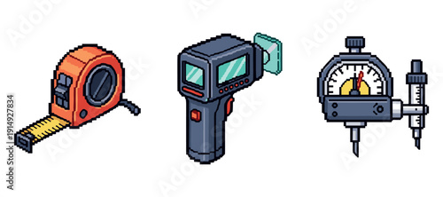 Pixel art of tape measure infrared thermometer and dial indicator. Not editable stroke