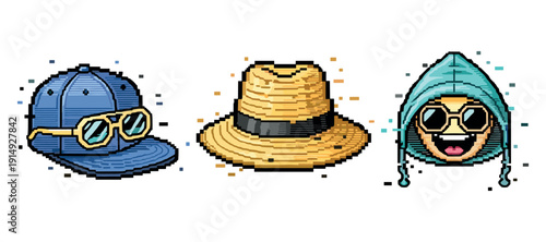Pixel art hats and sunglasses: blue cap, straw fedora, and teal hoodie faces. Not editable stroke
