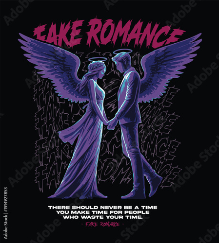 Modern Streetwear Graphic with Burning Angel Couple and 'Fake Romance' Typography