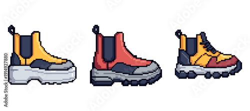 Pixel art of three unique stylish boots with chunky soles. Not editable stroke