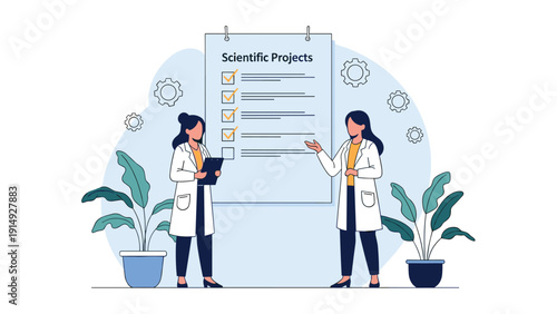 Two female scientists wearing lab coats discussing a checklist of scientific projects on a large board in a modern research facility setting.