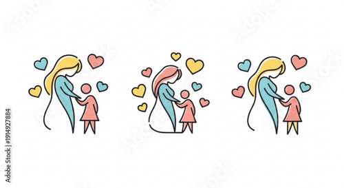 Mother and daughter embracing surrounded by hearts in various poses minimalist line art illustration simple white background colorful pastel hues tender moment