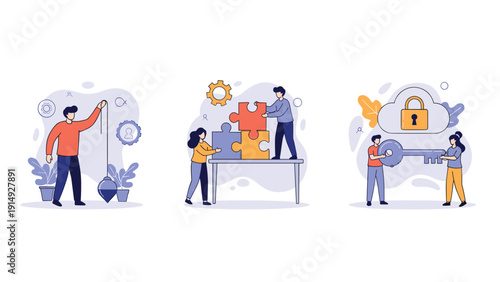 Set of business strategy illustrations including measuring progress solving puzzles and managing secure cloud data for corporate growth.