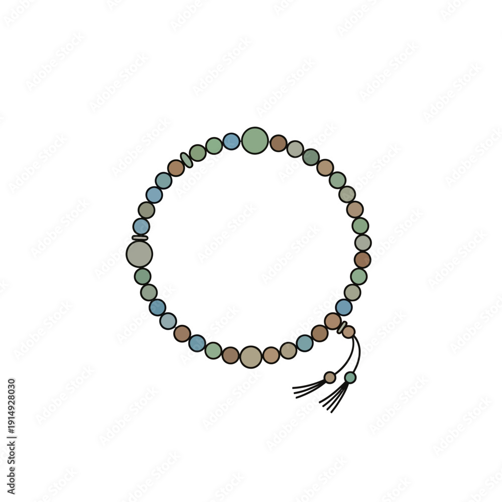 Obraz premium A delicate bracelet illustration featuring multicolored beads and tassel on a plain background viewed from the front.