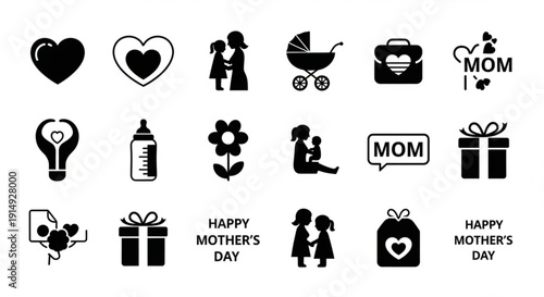 Collection of black mother's day icons gift symbols and parent child silhouettes on white background ideal for greeting cards and marketing materials