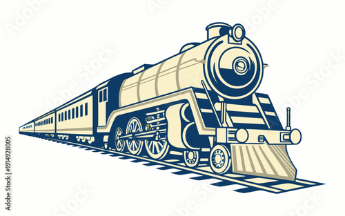Vintage Steam Train Locomotive Railway Flat Vector Illustration Isolated on White.