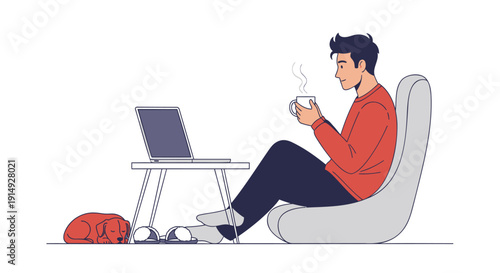 Man sitting in chair with laptop and coffee cup on side table, wearing orange sweater and black pants, isolated on transparent background