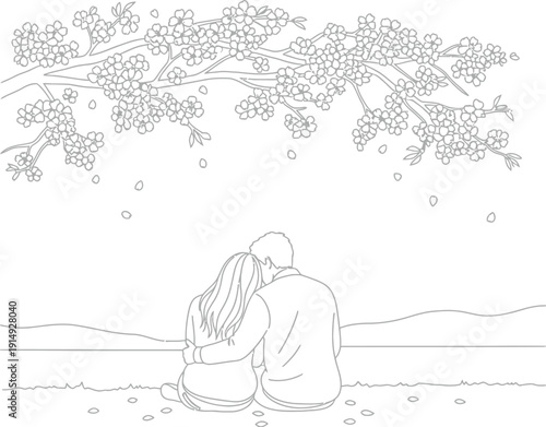 Couple sitting closely together viewing beautiful falling cherry blossoms under a blooming tree branch in a peaceful outdoor setting