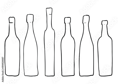 Vector line illustration of a set of different bottle shapes isolated on a white background. Six various bottle silhouettes suitable for wine, champagne, sparkling wine, liquor, or beverage packaging 