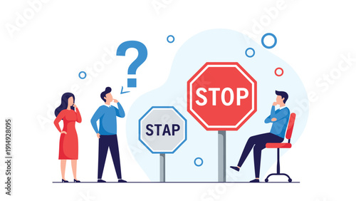 Group of confused people standing by stop and stap signs questioning directions or rules in a modern office setting.