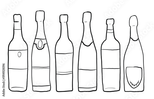 Vector line illustration of a set of different bottle shapes isolated on a white background. Six various bottle silhouettes suitable for wine, champagne, sparkling wine, liquor, or beverage packaging 