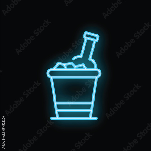 Blue neon sign of bottle chilling in ice bucket on black background