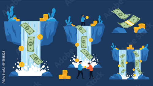 Conceptual illustration showing money falling like a waterfall with people catching cash and stacking gold coins on rocks.