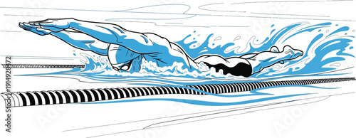 Stylized illustration depicts a competitive swimmer powerfully executing a freestyle stroke while moving rapidly down a marked swimming lane during a race.