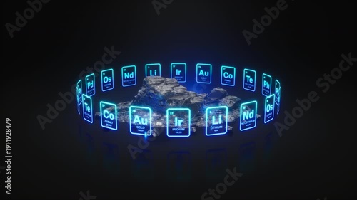 Rare Earth Elements, Periodic Table Hologram with Glowing Ores