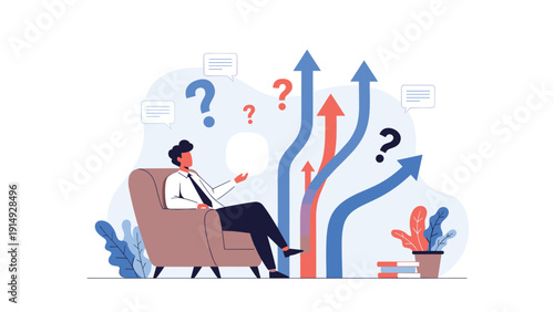 Business professional sitting in armchair evaluating multiple career paths and strategic directions with question marks.
