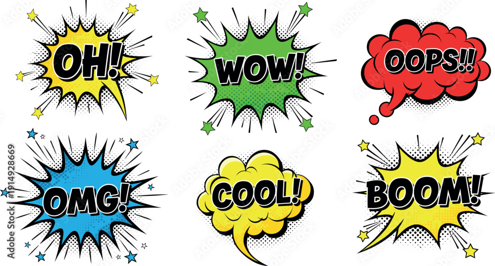 Fototapeta premium Set of colorful comic speech bubbles with WOW OMG OOPS COOL BOOM and surprise explosion effects