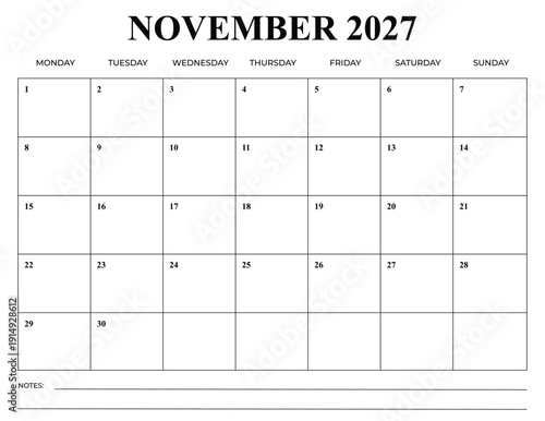 November 2027 Minimal Calendar Template, Monday Start Printable Monthly Planner Layout, Clean Wall Calendar Design