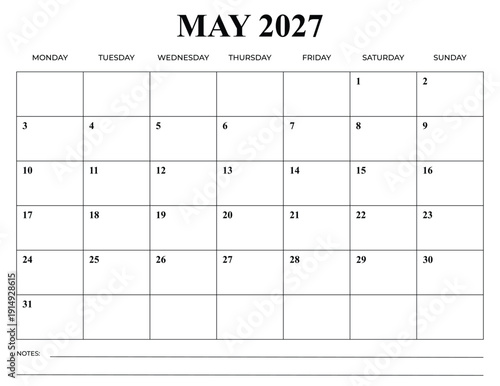 May 2027 Minimal Calendar Template, Monday Start Printable Monthly Planner Layout, Clean Wall Calendar Design