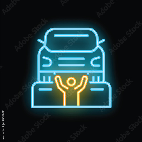 Glowing neon icon representing a person trapped under a car, symbolizing a traffic accident and the need for rescue