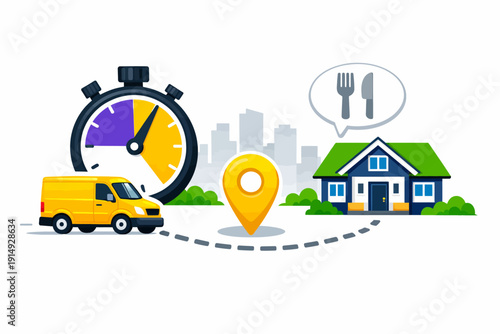 Express Food Delivery Service: Fast Shipping Van, Stopwatch, GPS Tracking to Home Address. Logistics and E-commerce Vector Illustration.