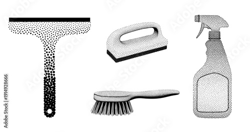 Monochrome cleaning tools: squeegee, iron, brush, spray bottle in halftone design