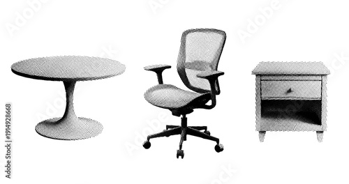Halftone style furniture set: round table, office chair, nightstand